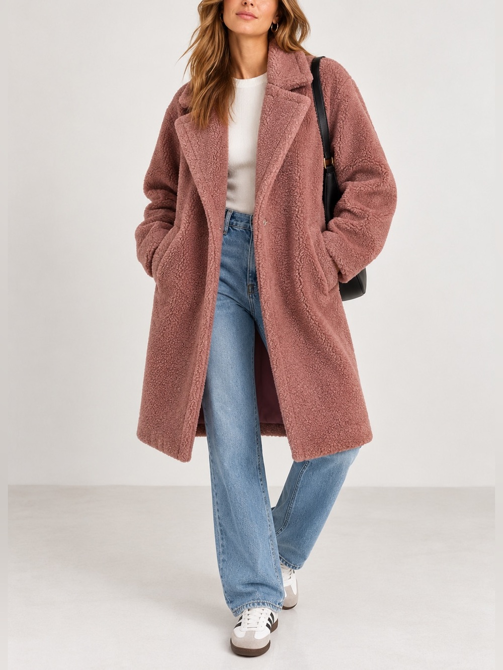 Lush Faux Shearling Mid Length Mauve Teddy Coat Jacket